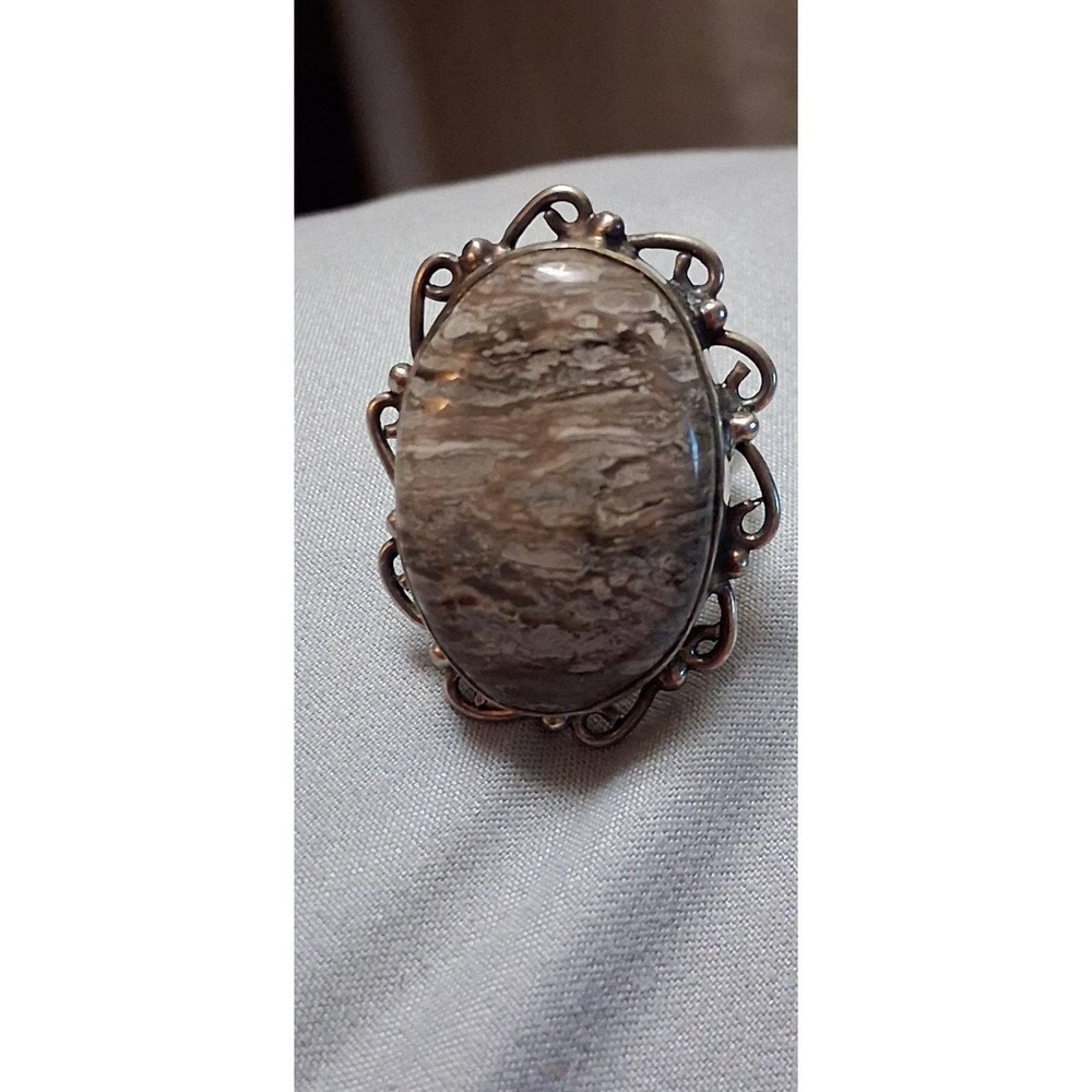 Agatized Petrified Wood Statement Ring Filigree Sterling Silver Size 7 1/4